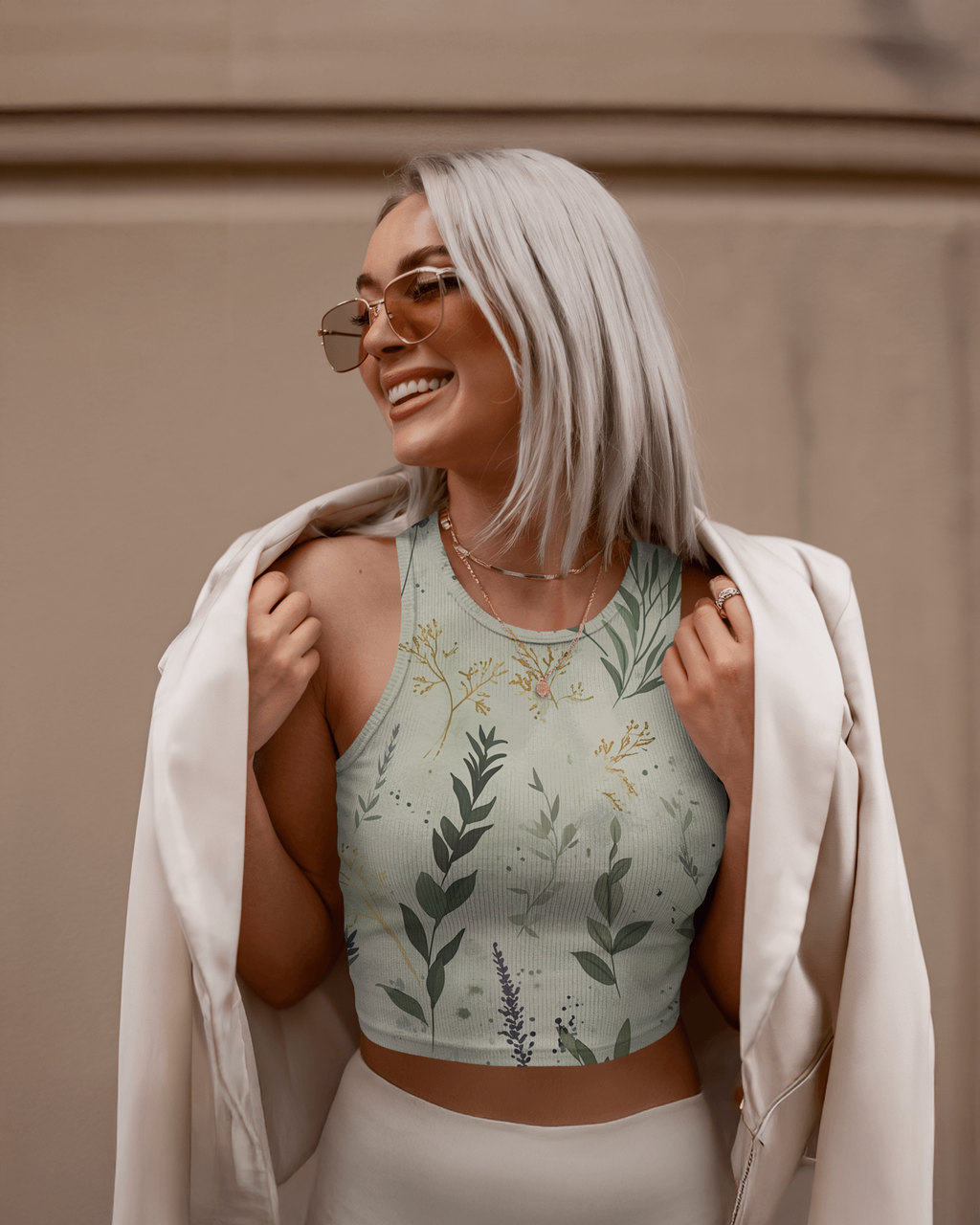 Botanic Bliss Soft Sage Floral Crop Tank Top