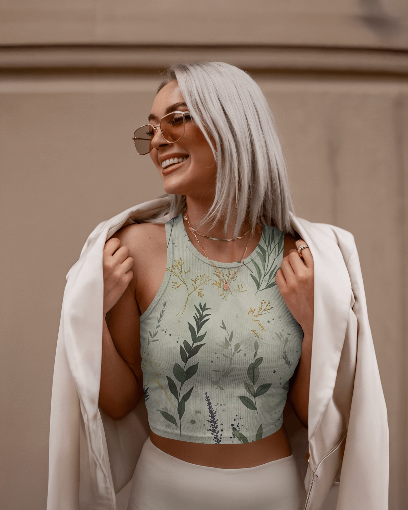 Botanic Bliss Soft Sage Floral Crop Tank Top