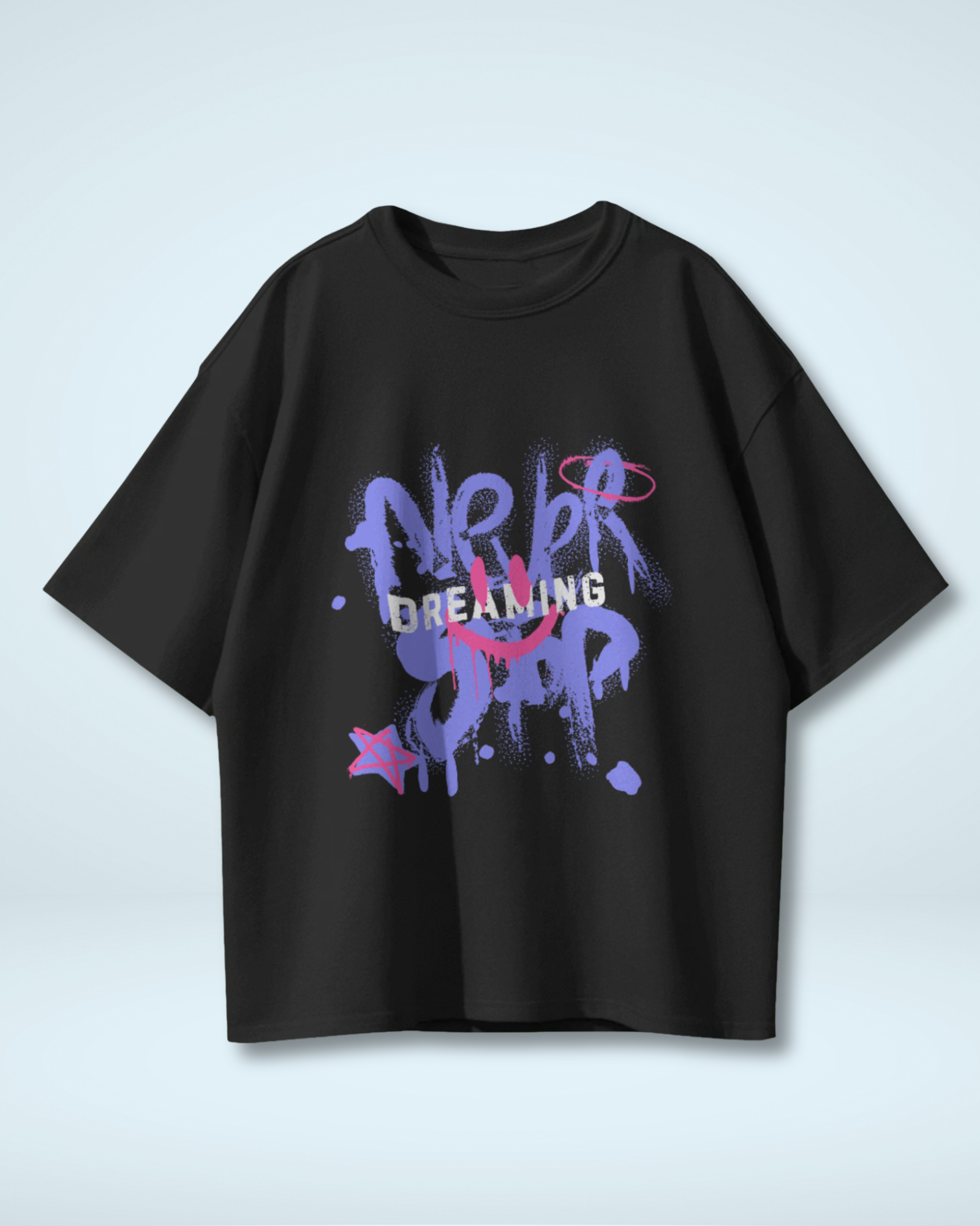 Never Stop Dreaming Urban Oversized T-shirt with Purple White Pink Spray Paint Typography Quotes