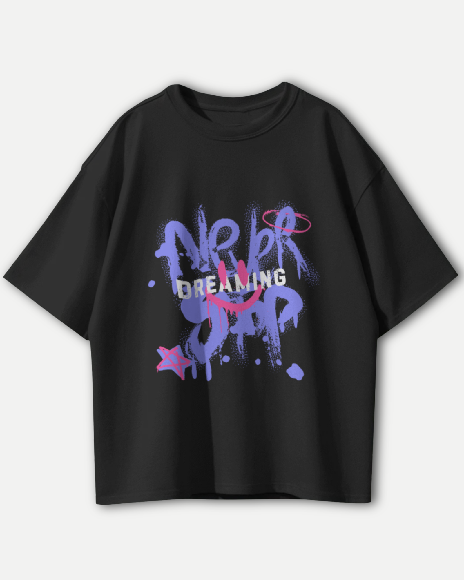 Never Stop Dreaming Urban Oversized T-shirt with Purple White Pink Spray Paint Typography Quotes