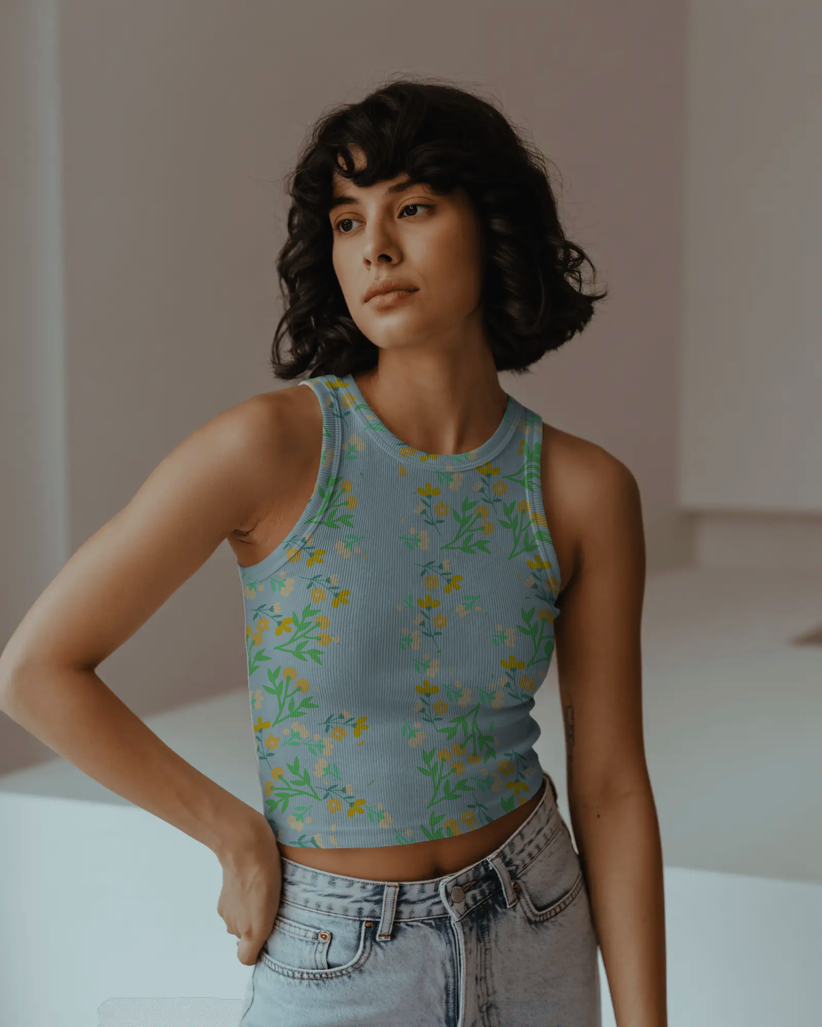 Green Crop Top With Vintage Floral