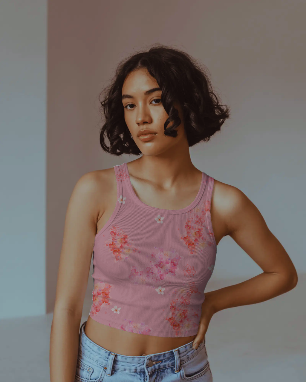 Dusty Rose Crop Top with Ditsy Floral Design