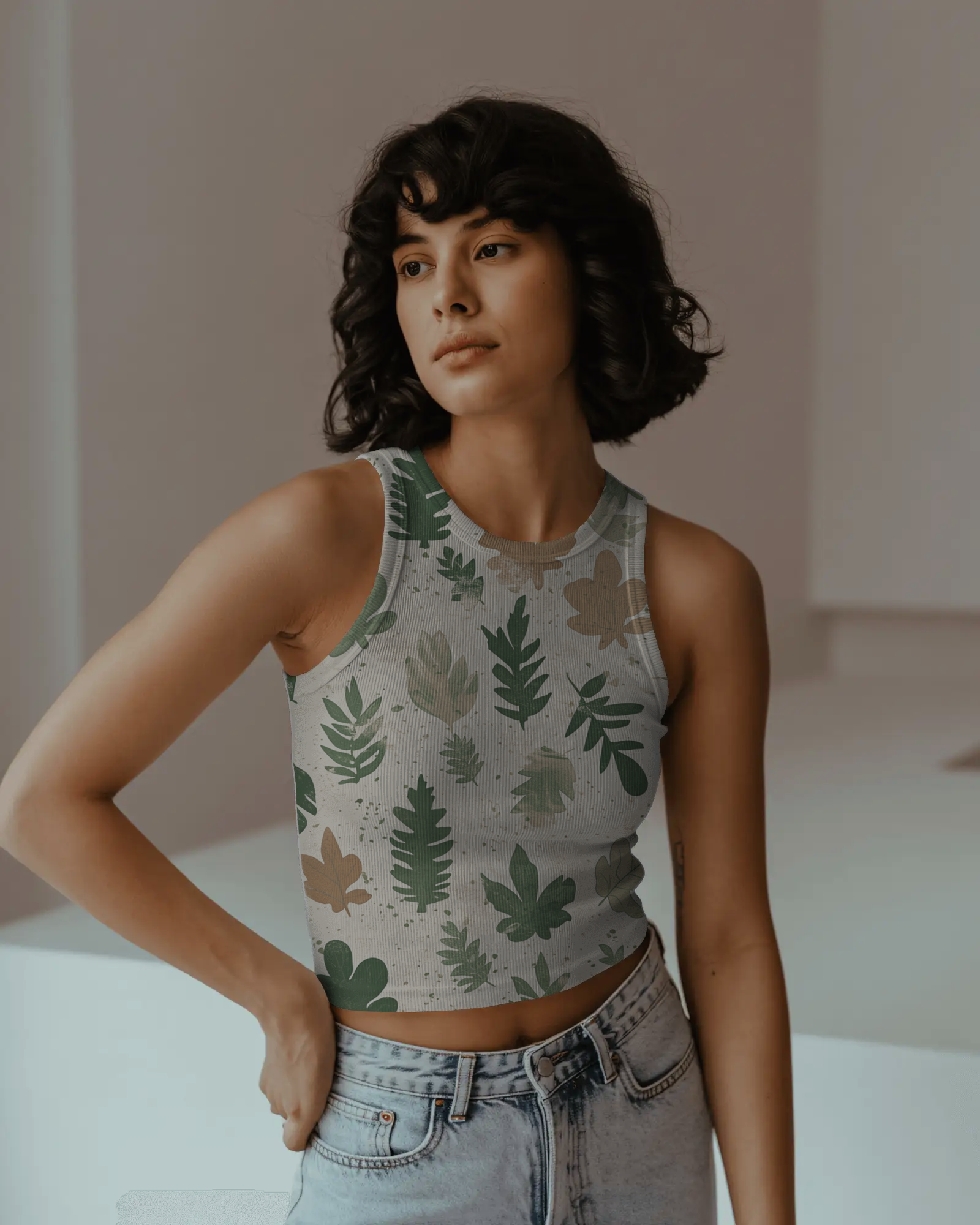 Leafy Whispers Ribbed Crop Tank Top