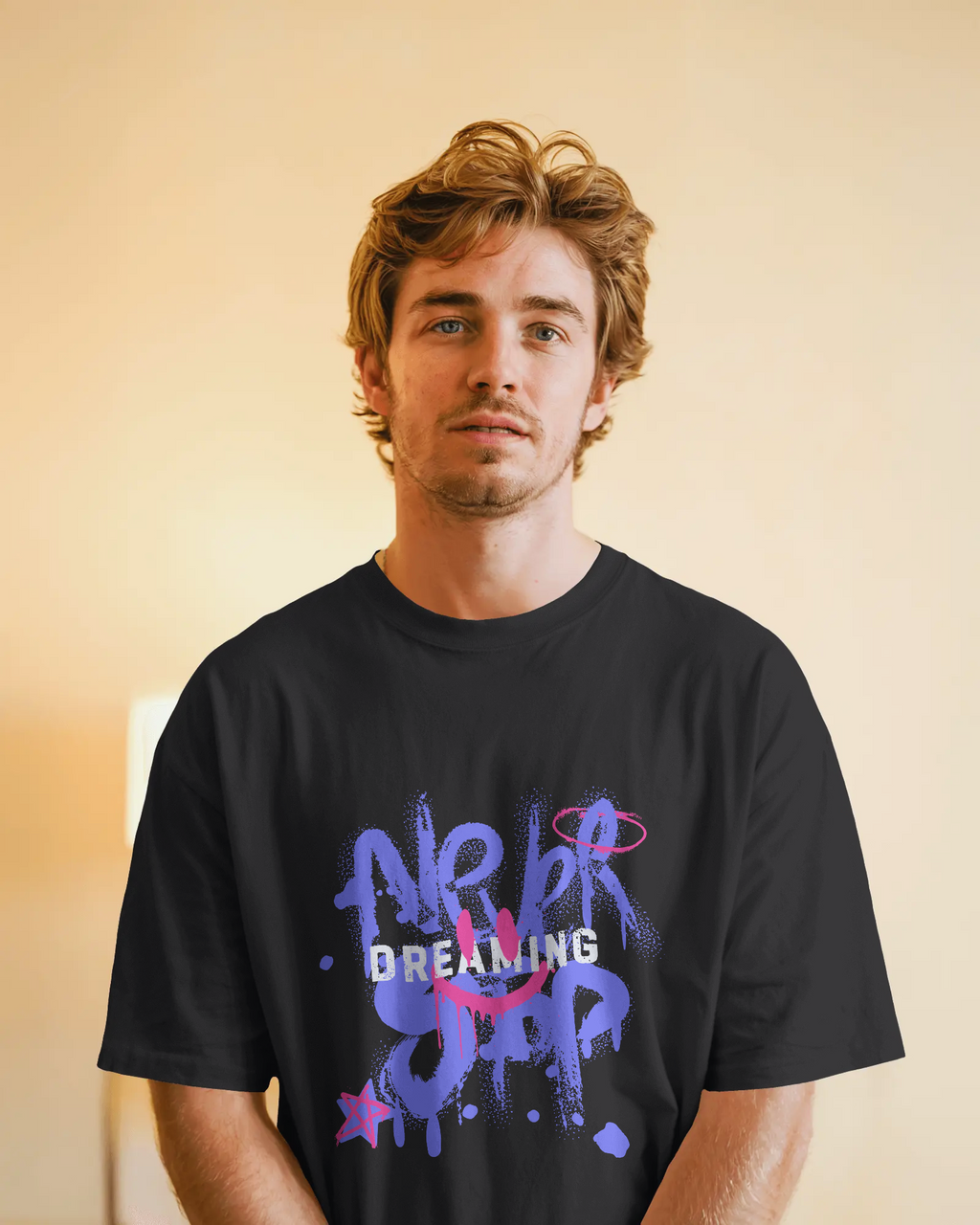 Never Stop Dreaming Urban Oversized T-shirt with Purple White Pink Spray Paint Typography Quotes