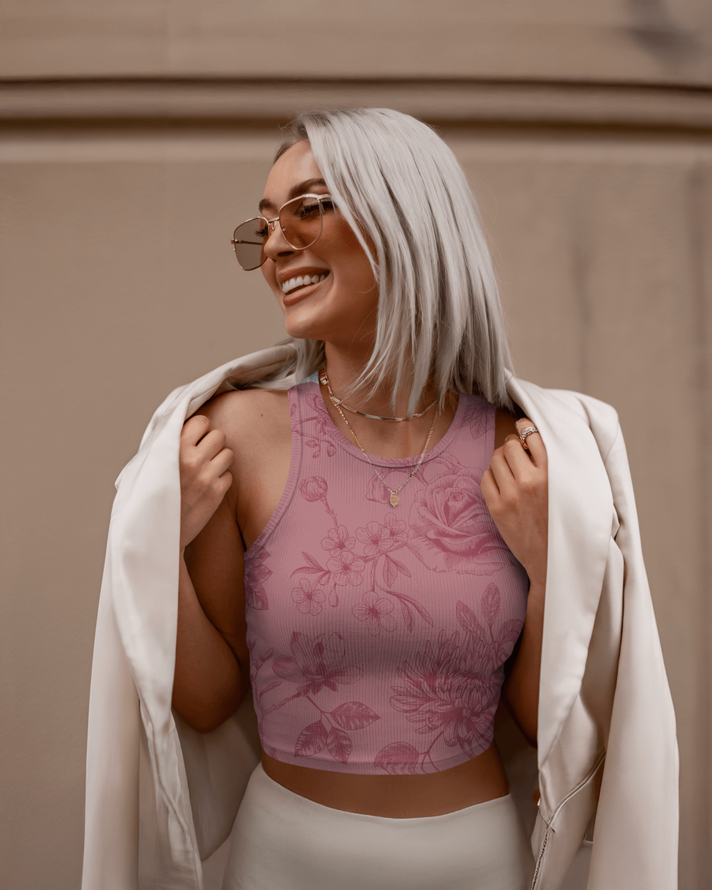 Elegant Pink Crop Top with Vintage Rose Design