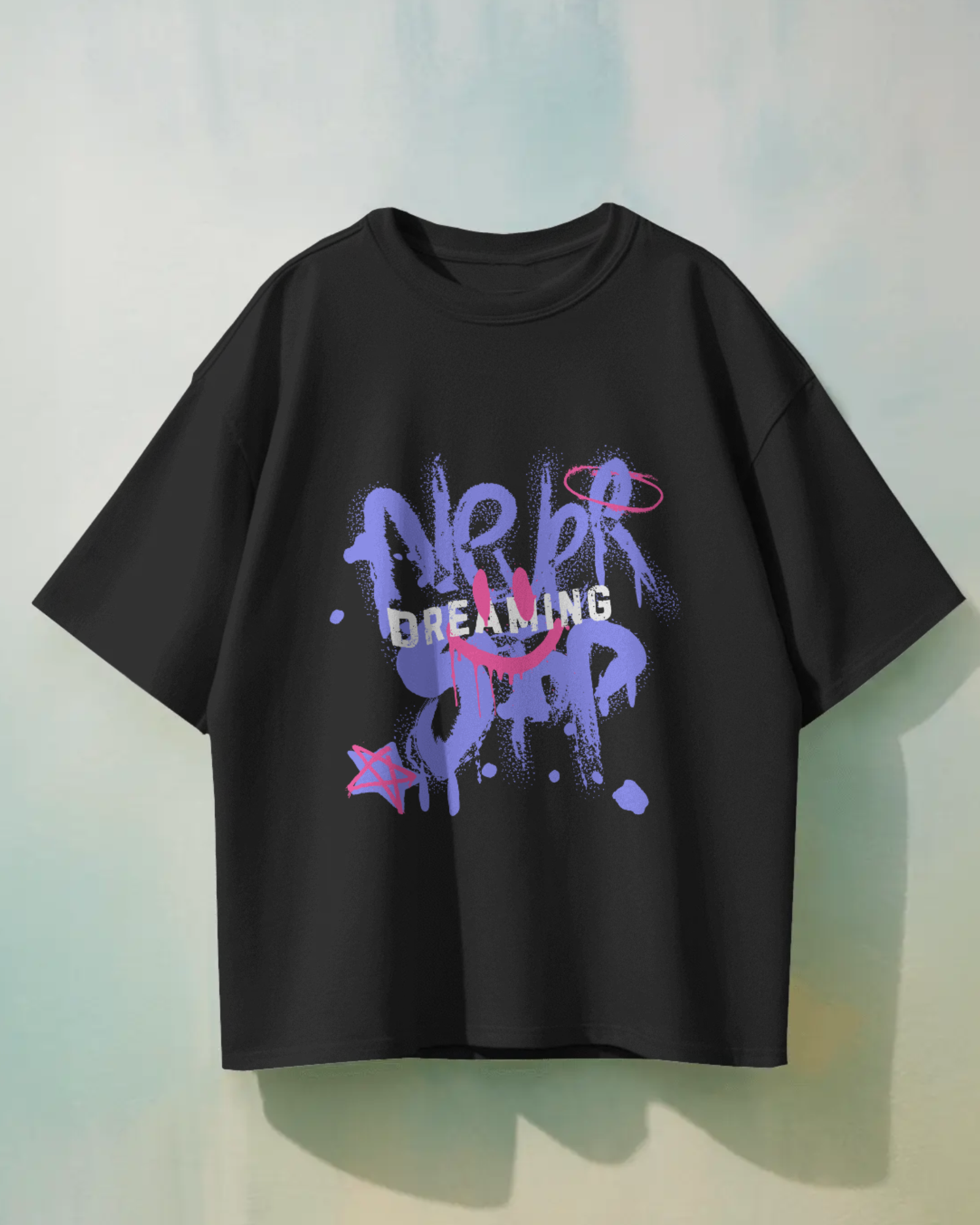 Never Stop Dreaming Urban Oversized T-shirt with Purple White Pink Spray Paint Typography Quotes - Dorcus Wear