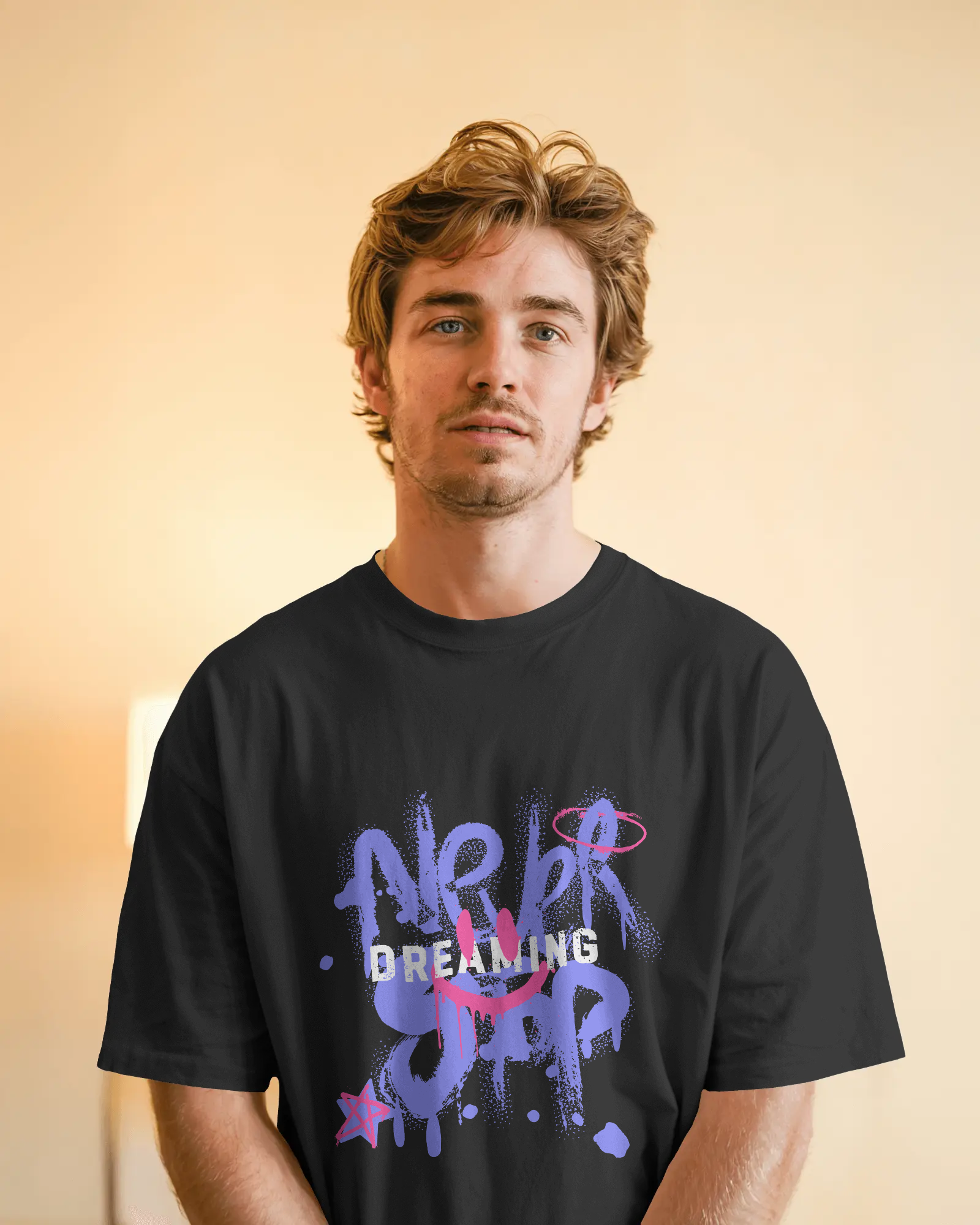 Never Stop Dreaming Urban Oversized T-shirt with Purple White Pink Spray Paint Typography Quotes - Dorcus Wear