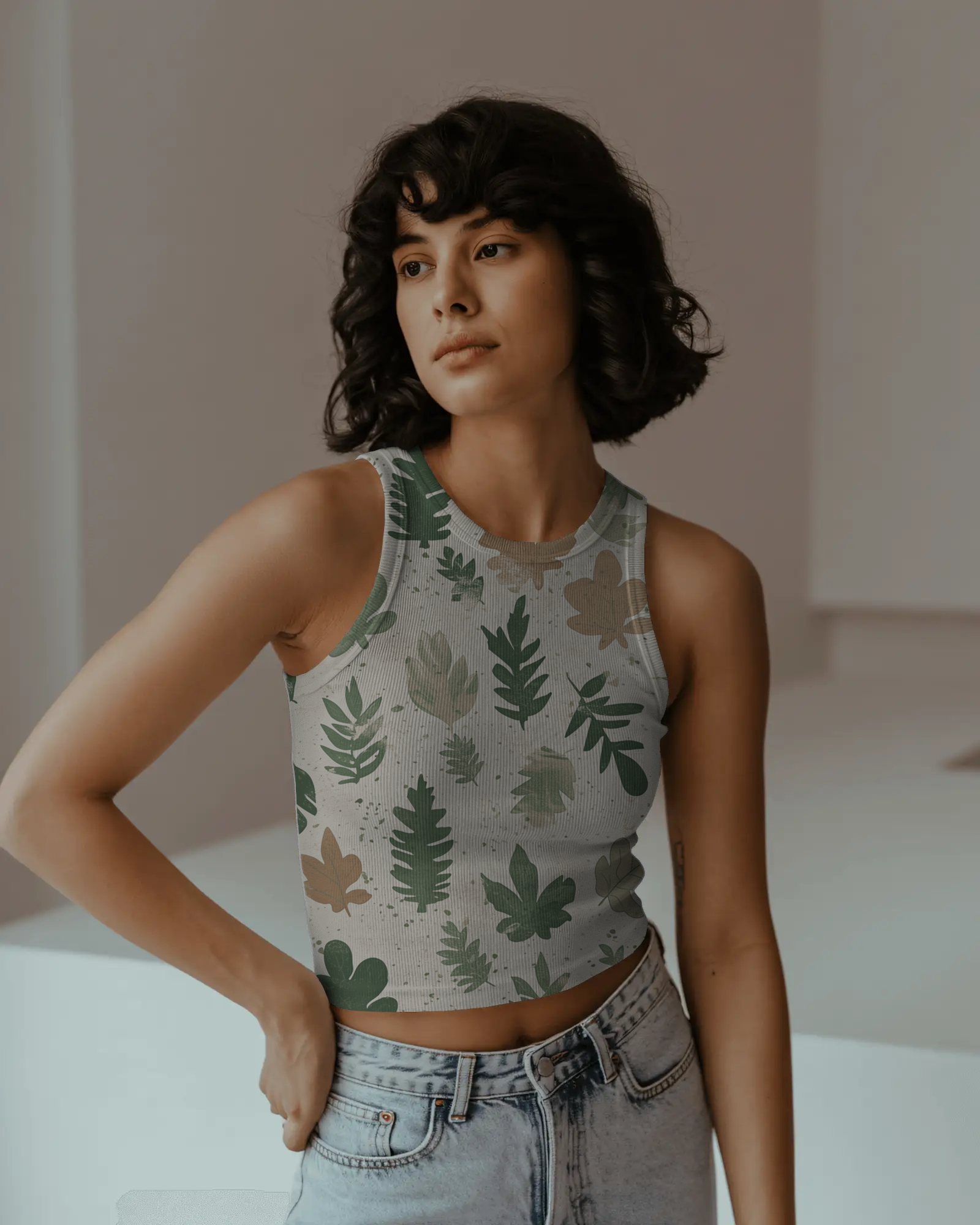 Leafy Whispers Ribbed Crop Tank Top - Dorcus Wear